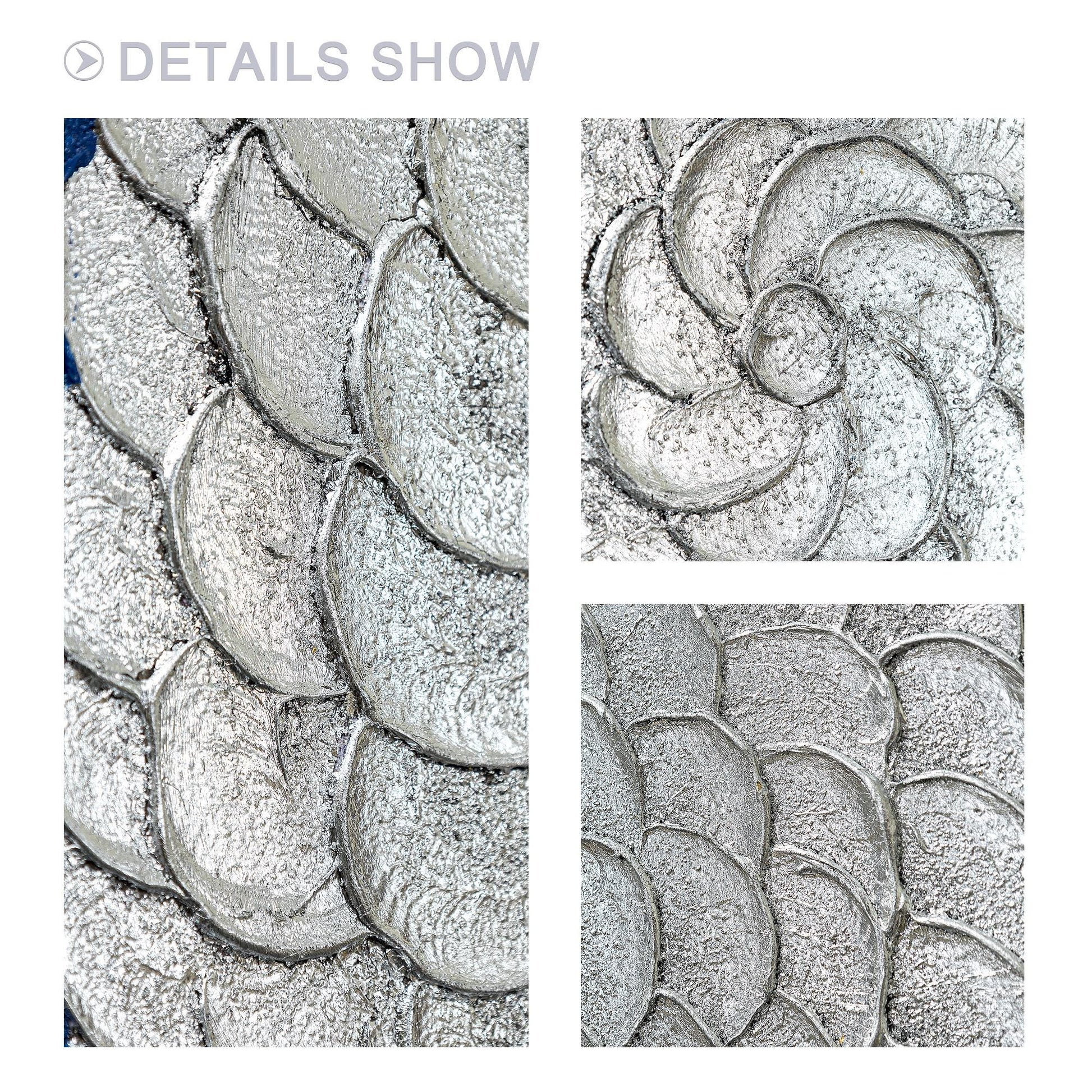 Silver Leaf Flower Circle Painting: Navy Blue Abstract 3D Textured Wall Art #8