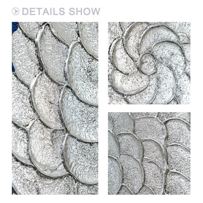 Silver Leaf Flower Circle Painting: Navy Blue Abstract 3D Textured Wall Art #8