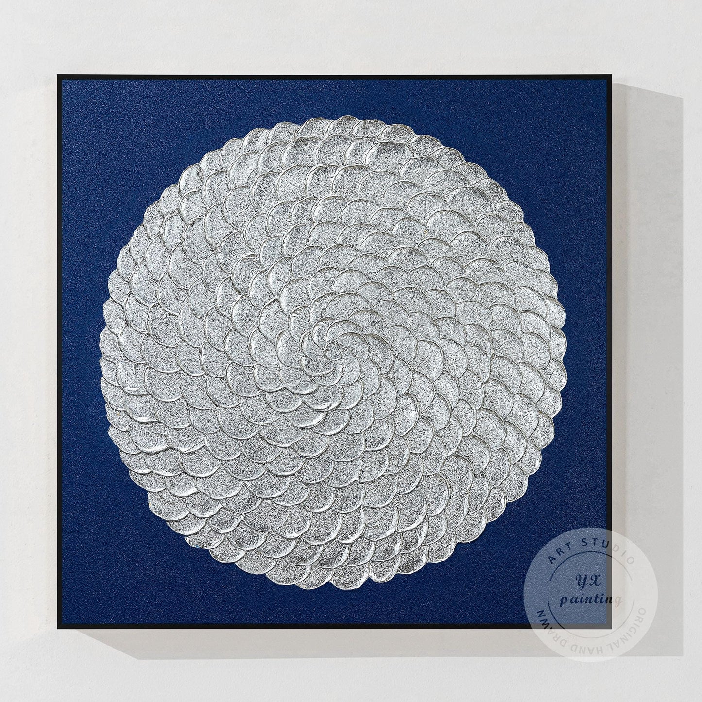 Silver Leaf Flower Circle Painting: Navy Blue Abstract 3D Textured Wall Art #9