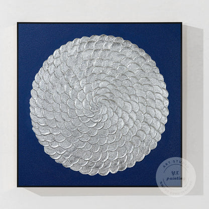 Silver Leaf Flower Circle Painting: Navy Blue Abstract 3D Textured Wall Art #9