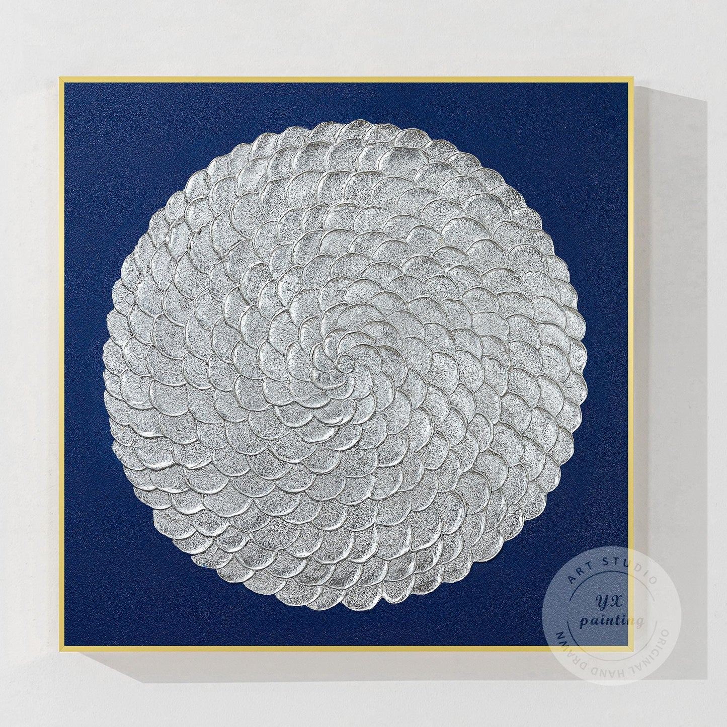 Silver Leaf Flower Circle Painting: Navy Blue Abstract 3D Textured Wall Art #10