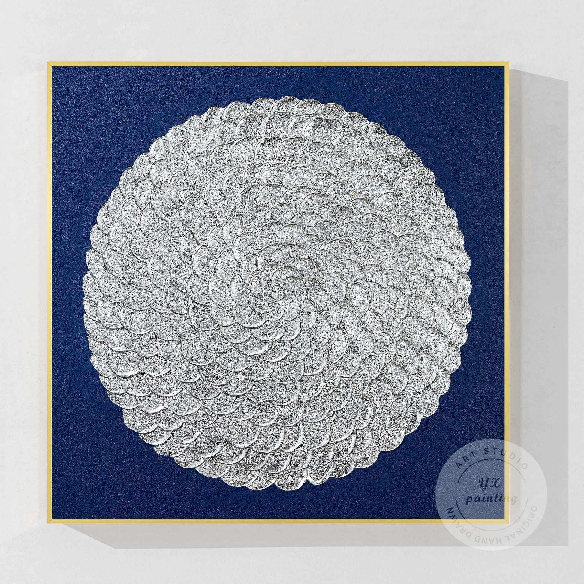 Silver Leaf Flower Circle Painting: Navy Blue Abstract 3D Textured Wall Art #10