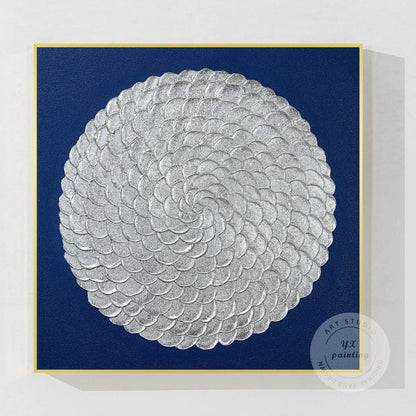 Silver Leaf Flower Circle Painting: Navy Blue Abstract 3D Textured Wall Art #10