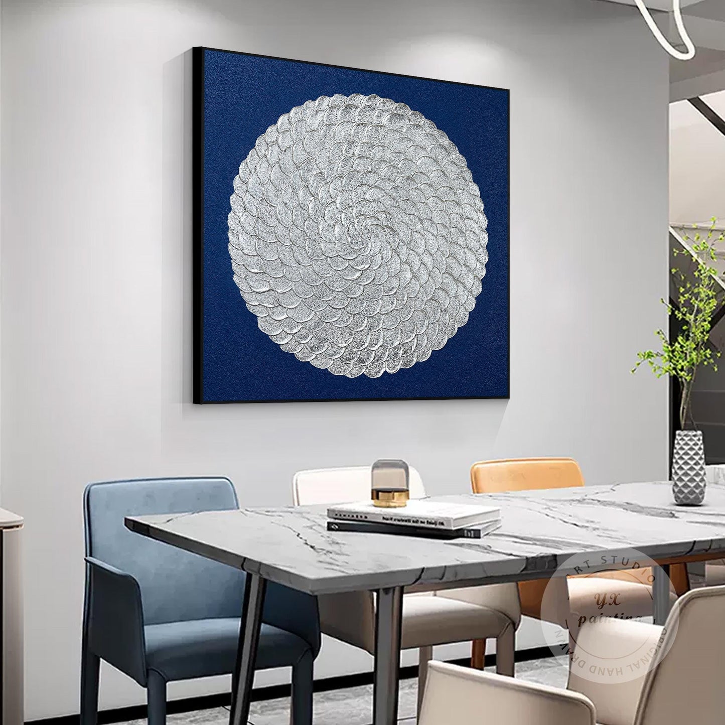 Silver Leaf Flower Circle Painting: Navy Blue Abstract 3D Textured Wall Art #1
