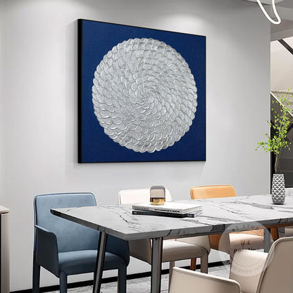 Silver Leaf Flower Circle Painting: Navy Blue Abstract 3D Textured Wall Art #1