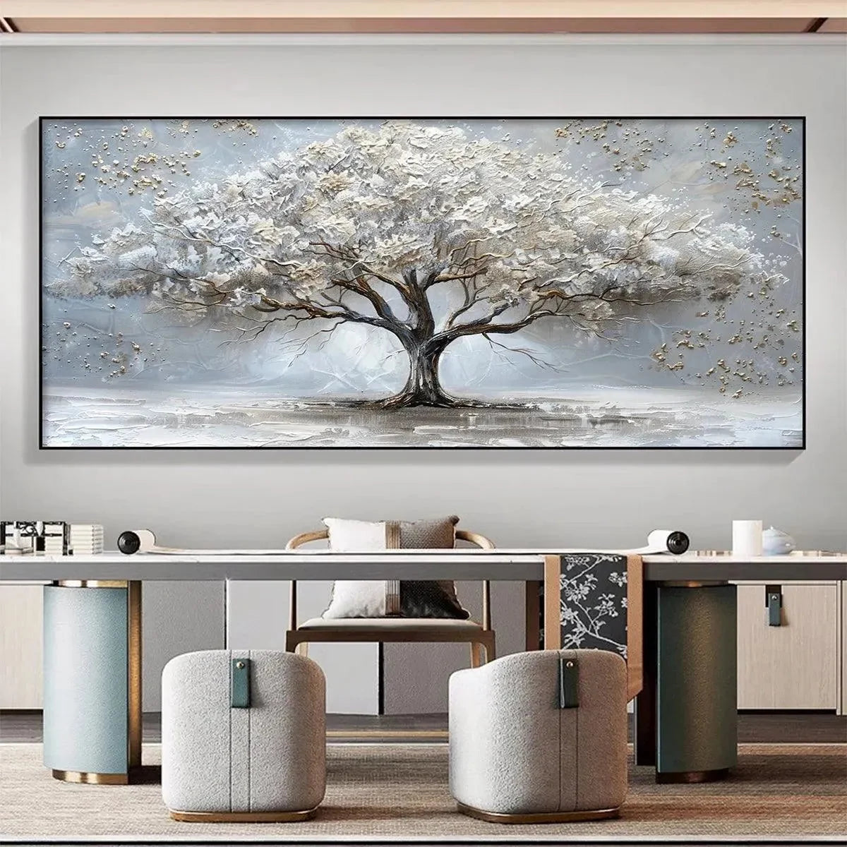 SILVER LINING: Textured White and Gold Tree Painting on Grey Background | Figurative closeup, raised brushwork detail