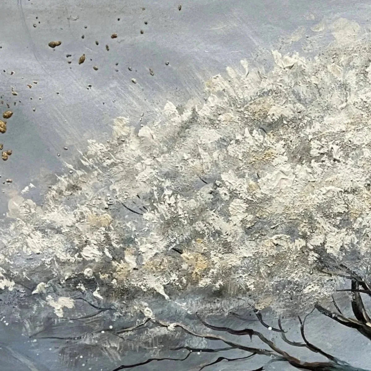 SILVER LINING: Textured White and Gold Tree Painting on Grey Background | rectangular format, hand-painted canvas edge