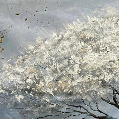 SILVER LINING: Textured White and Gold Tree Painting on Grey Background | rectangular format, hand-painted canvas edge