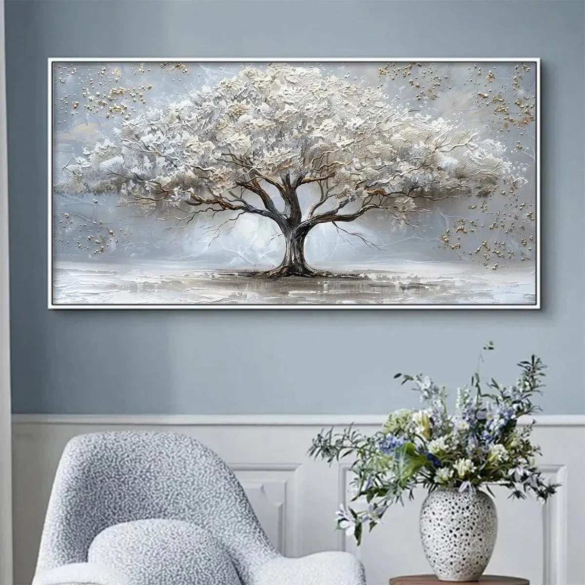 SILVER LINING: Textured White and Gold Tree Painting on Grey Background | gold frame stretched on neutral wall