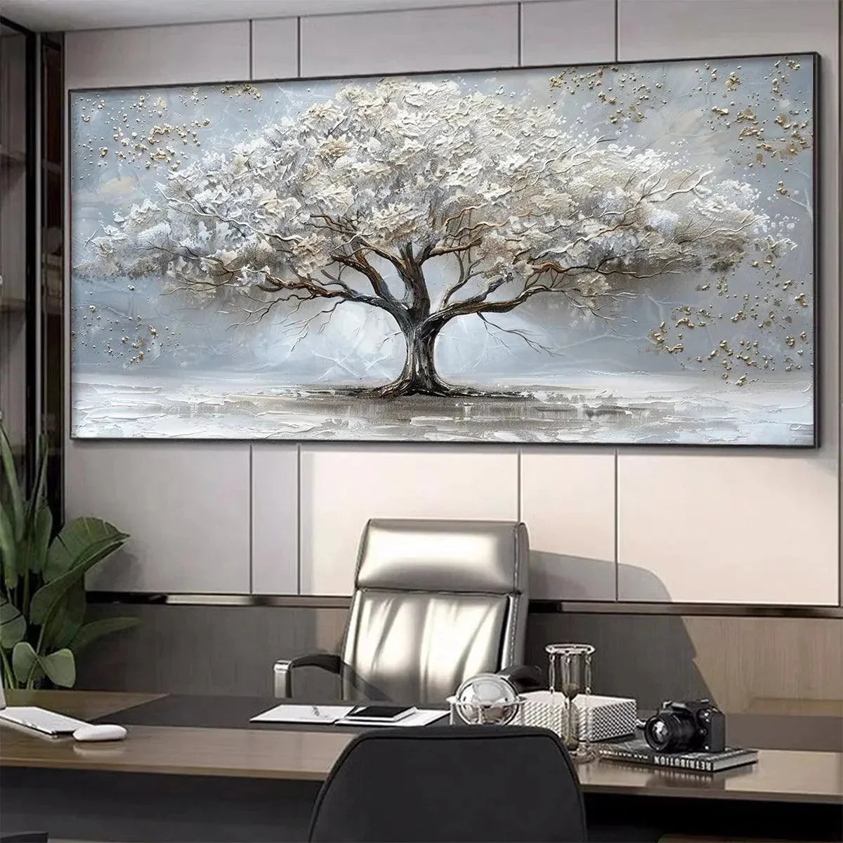 SILVER LINING: Textured White and Gold Tree Painting on Grey Background | black frame version on white wall