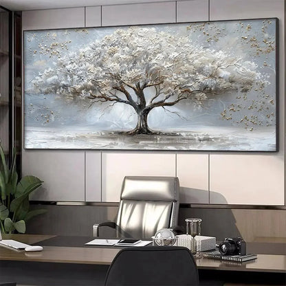 SILVER LINING: Textured White and Gold Tree Painting on Grey Background | black frame version on white wall