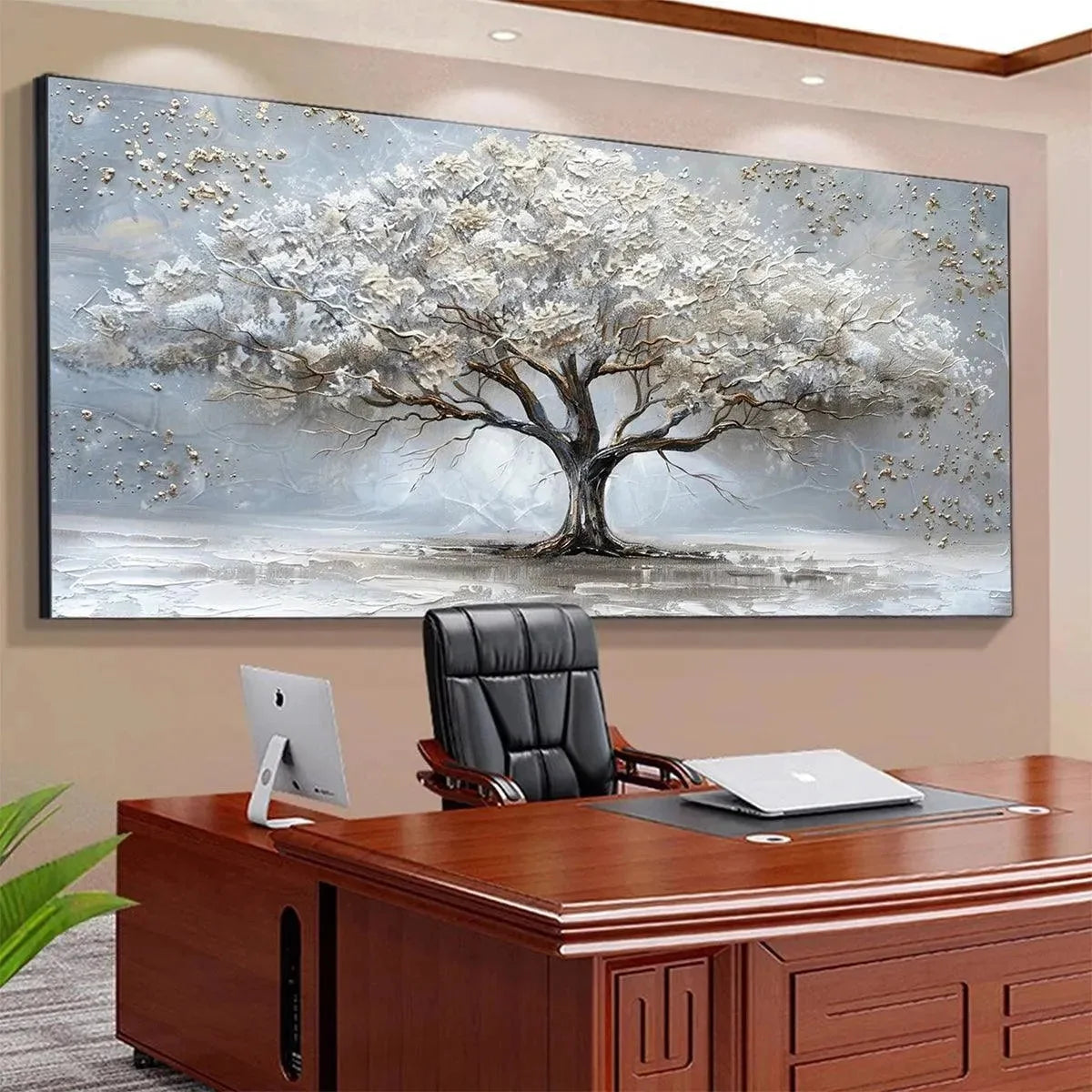 SILVER LINING: Textured White and Gold Tree Painting on Grey Background | Figurative mood, soft natural light studio shot