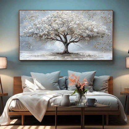 SILVER LINING: Textured White and Gold Tree Painting on Grey Background | yellow palette, original oil on stretched canvas art