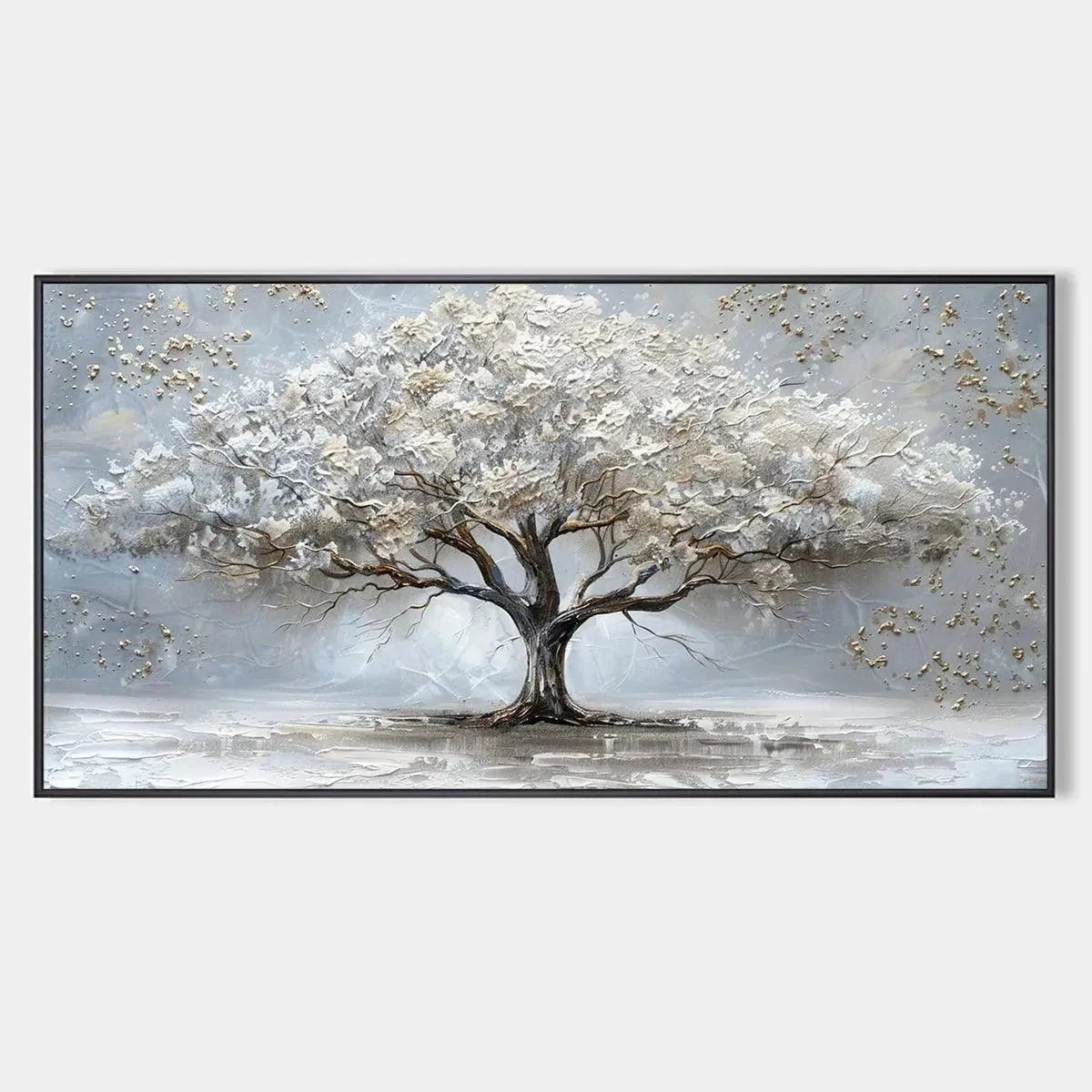 SILVER LINING: Textured White and Gold Tree Painting on Grey Background | hanging in living room, Figurative wall art
