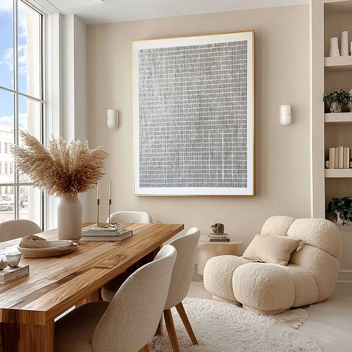 SILVER LININGS: Textured Minimalist Abstract Oil Painting | gold frame stretched on neutral wall