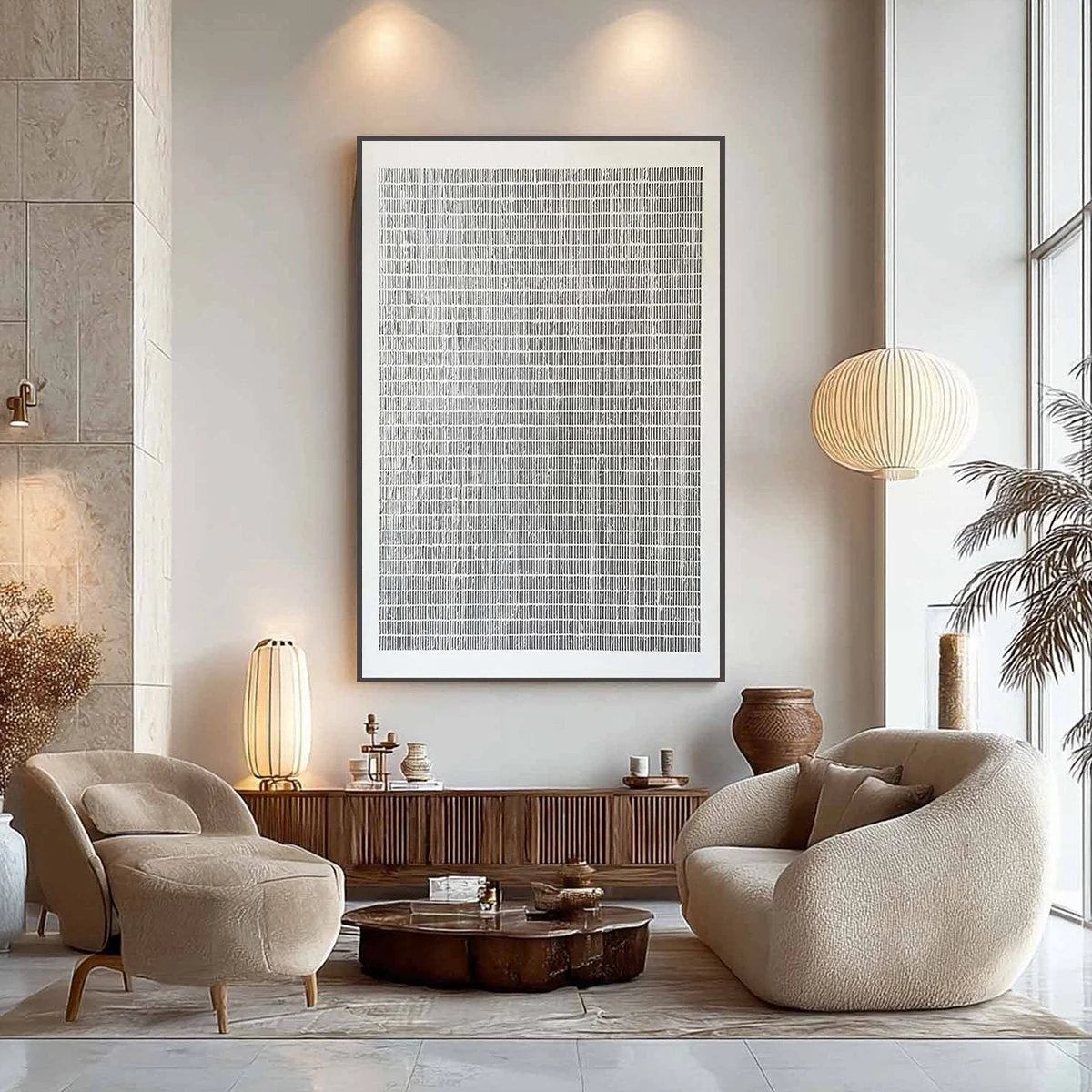 SILVER LININGS: Textured Minimalist Abstract Oil Painting | black frame version on white wall