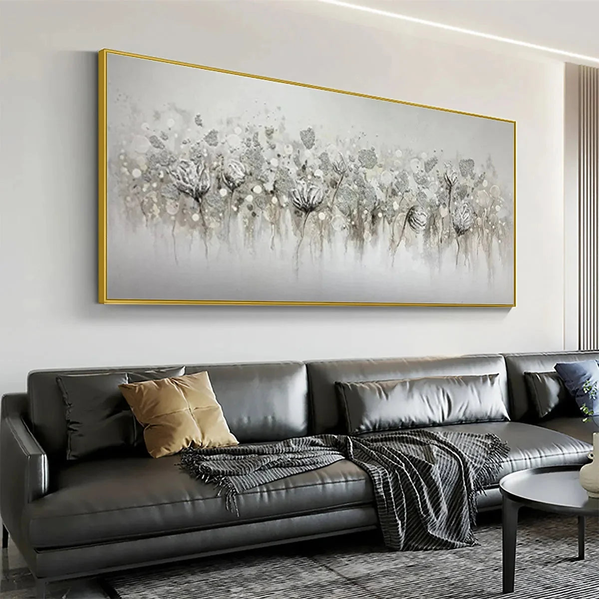 SILVER MIST: Minimalist Floral Oil Painting in Silver and Grey | Minimalist closeup, raised brushwork detail