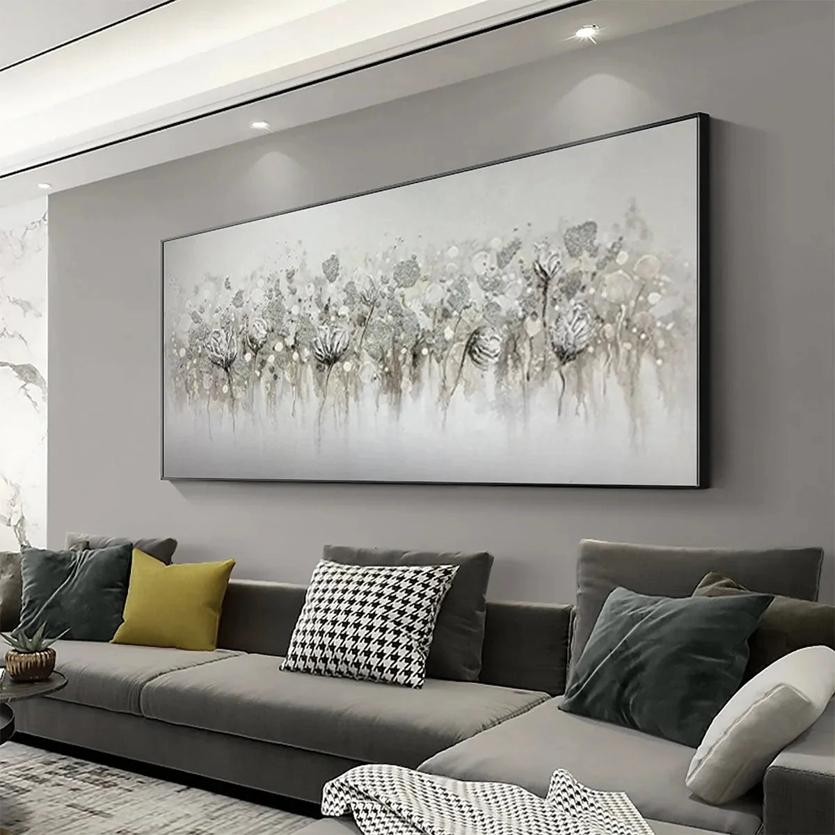 SILVER MIST: Minimalist Floral Oil Painting in Silver and Grey | gold frame stretched on neutral wall