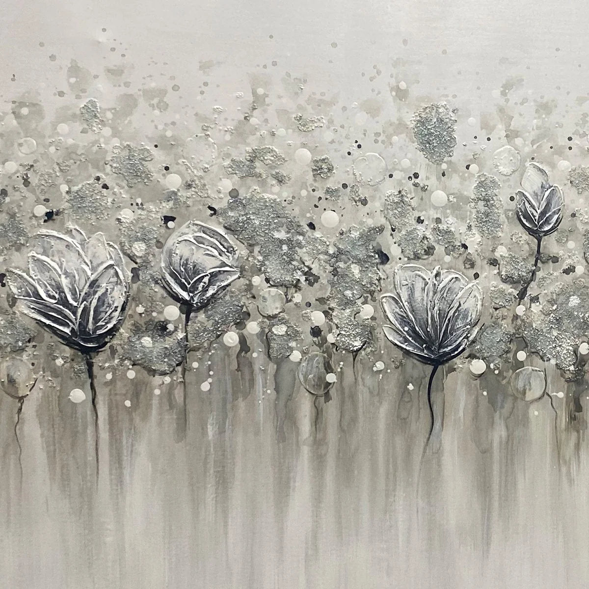 SILVER MIST: Minimalist Floral Oil Painting in Silver and Grey | rolled canvas, ready for custom framing