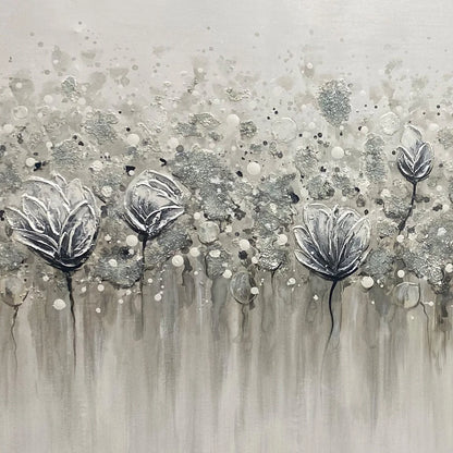 SILVER MIST: Minimalist Floral Oil Painting in Silver and Grey | rolled canvas, ready for custom framing