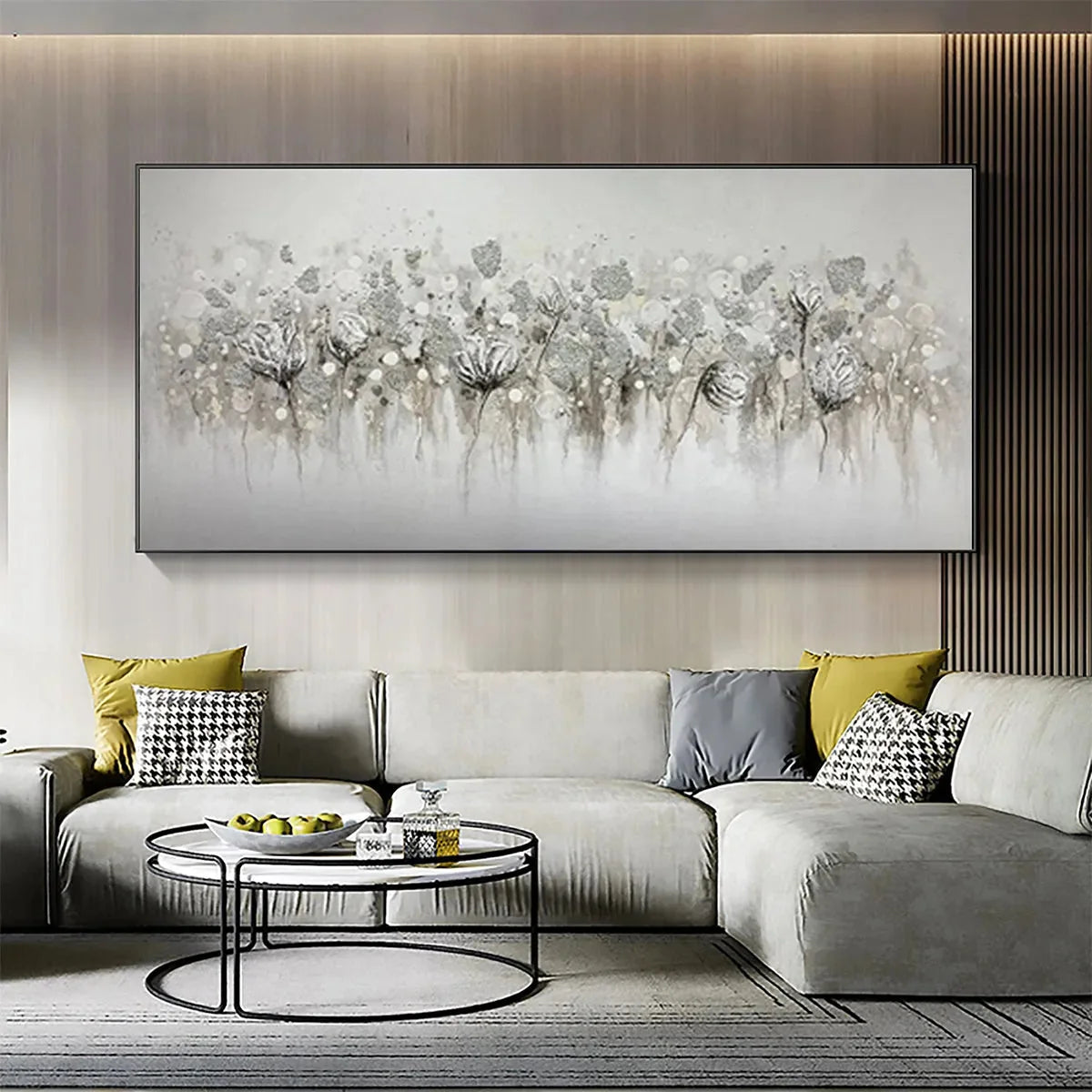 SILVER MIST: Minimalist Floral Oil Painting in Silver and Grey | black frame version on white wall