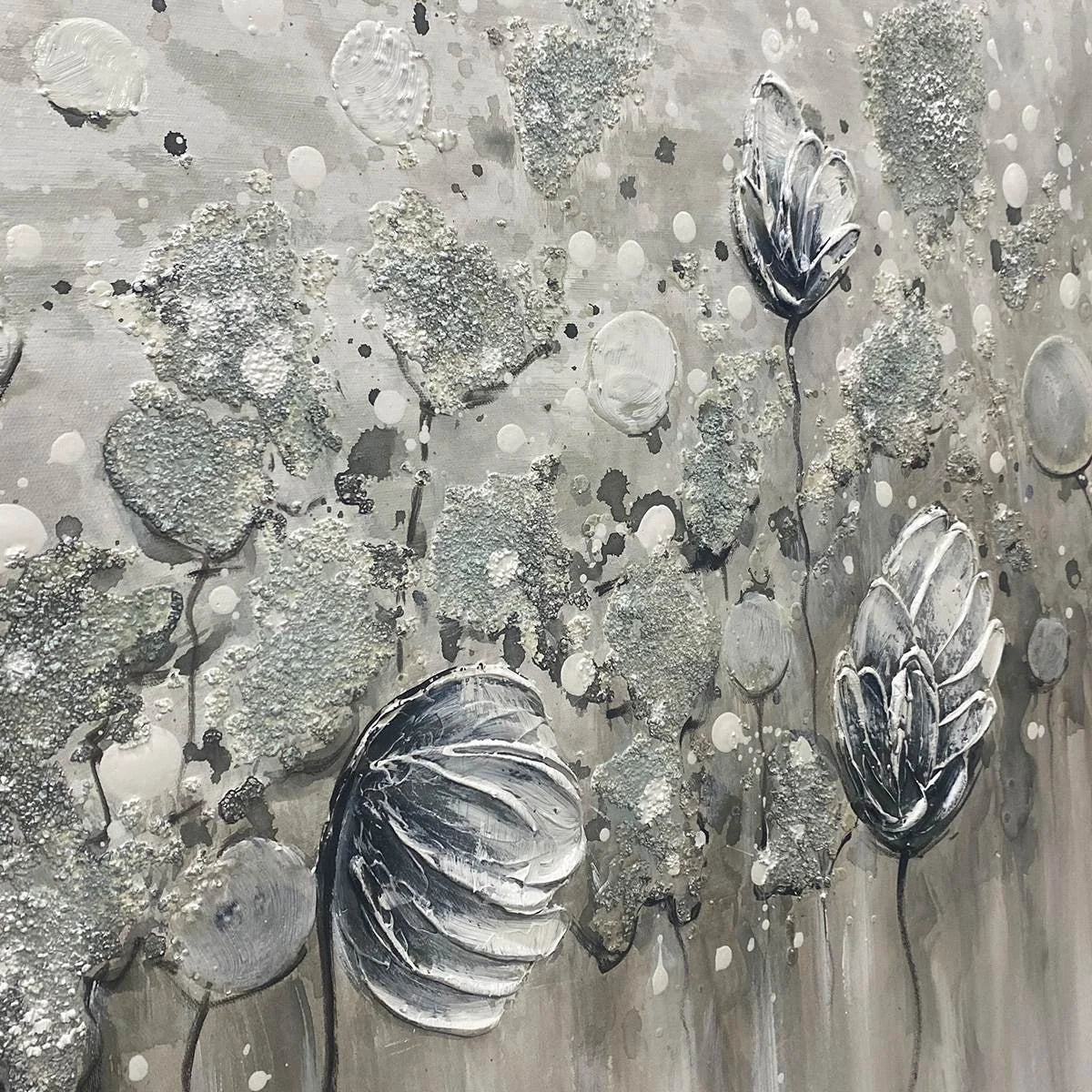 SILVER MIST: Minimalist Floral Oil Painting in Silver and Grey | beige palette, original oil on stretched canvas art