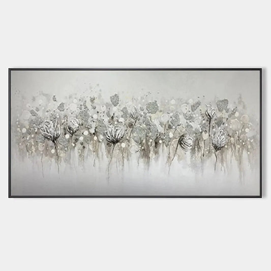 SILVER MIST: Minimalist Floral Oil Painting in Silver and Grey | hanging in living room, Minimalist wall art