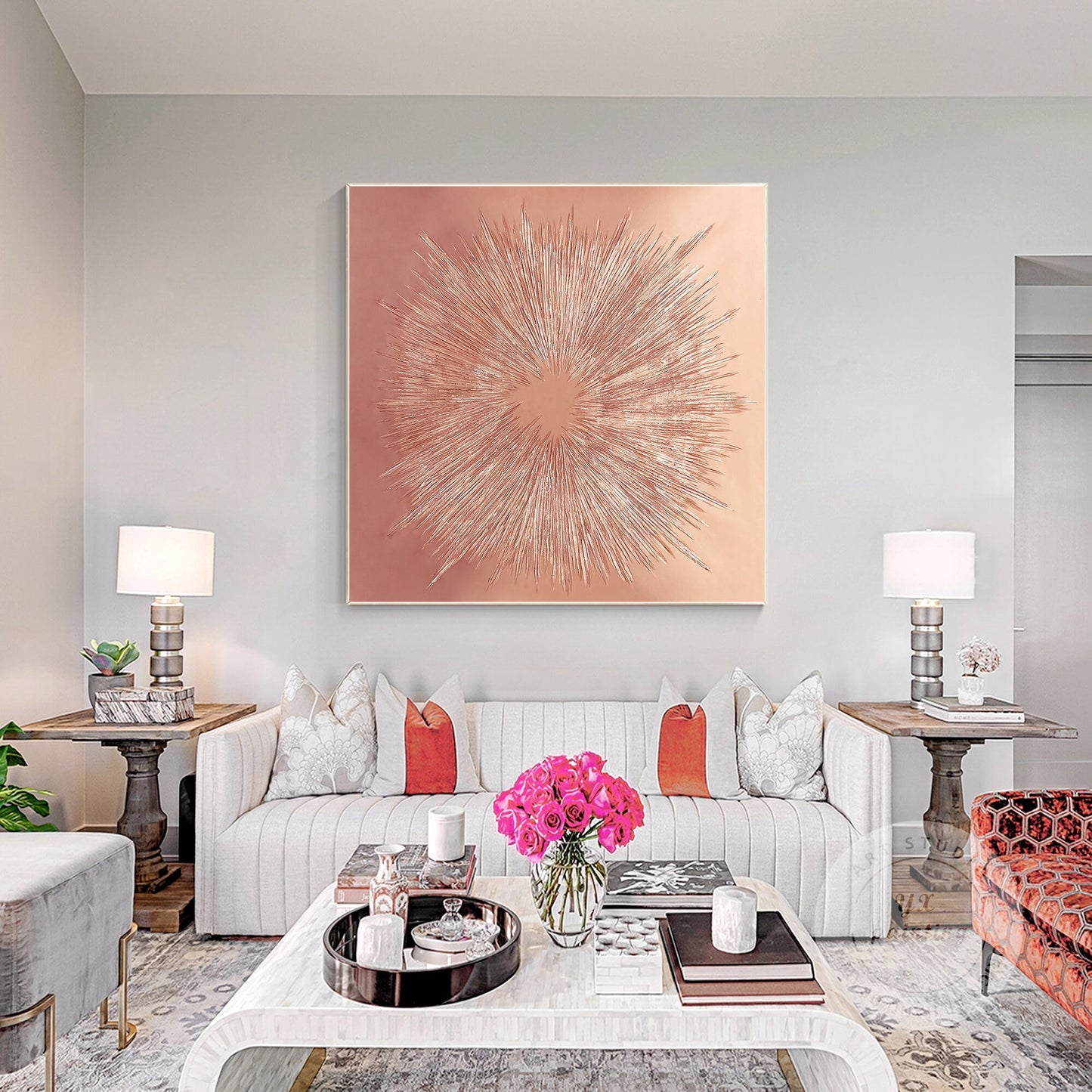 Silver Ray Abstract Painting: Large Boho Wall Art, Framed Canvas #2