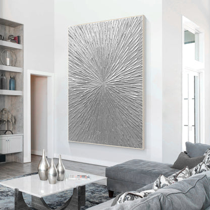 Silver Rays Abstract Textured Painting: Minimalist Wall Art Decor #2