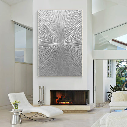 Silver Rays Abstract Textured Painting: Minimalist Wall Art Decor #4