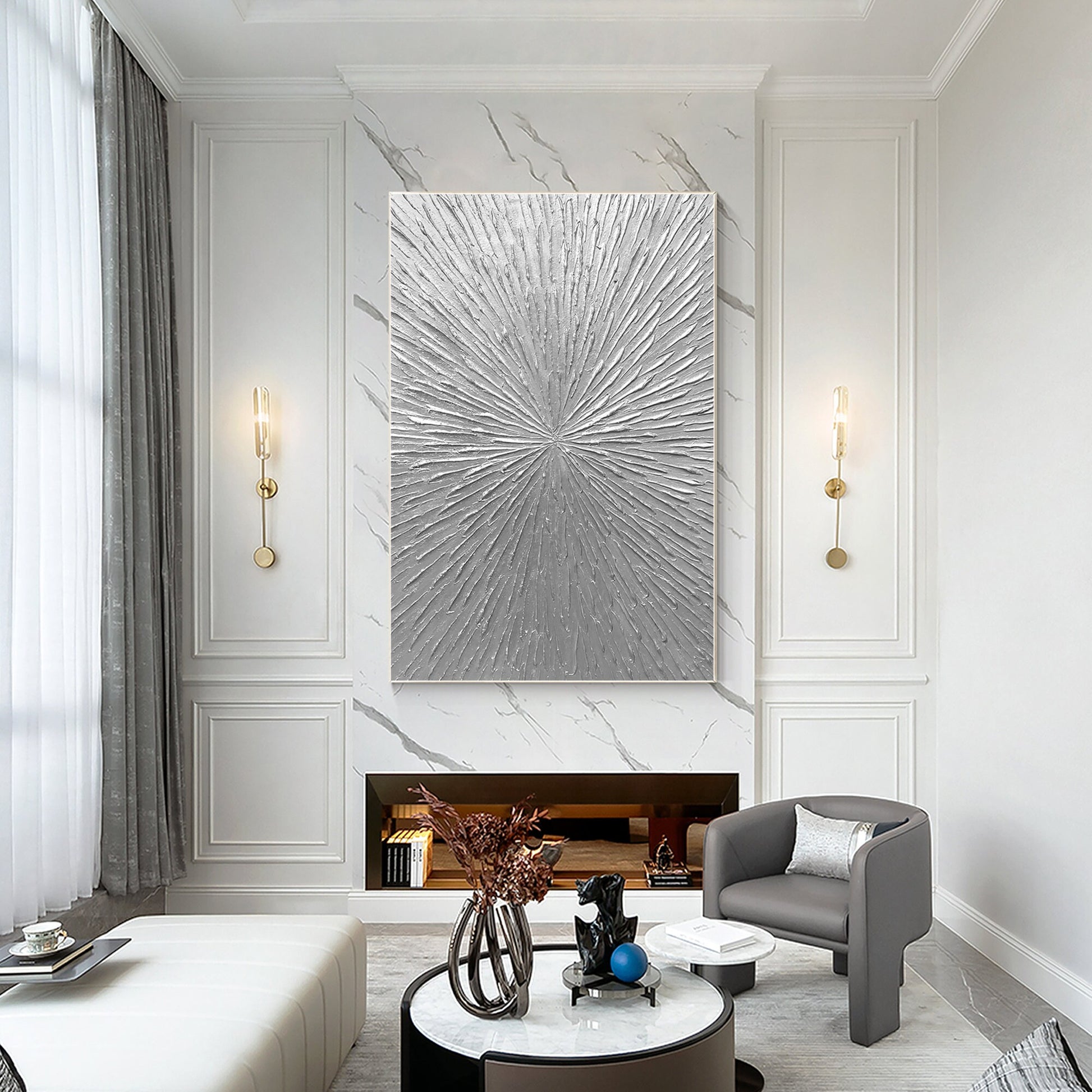 Silver Rays Abstract Textured Painting: Minimalist Wall Art Decor #5