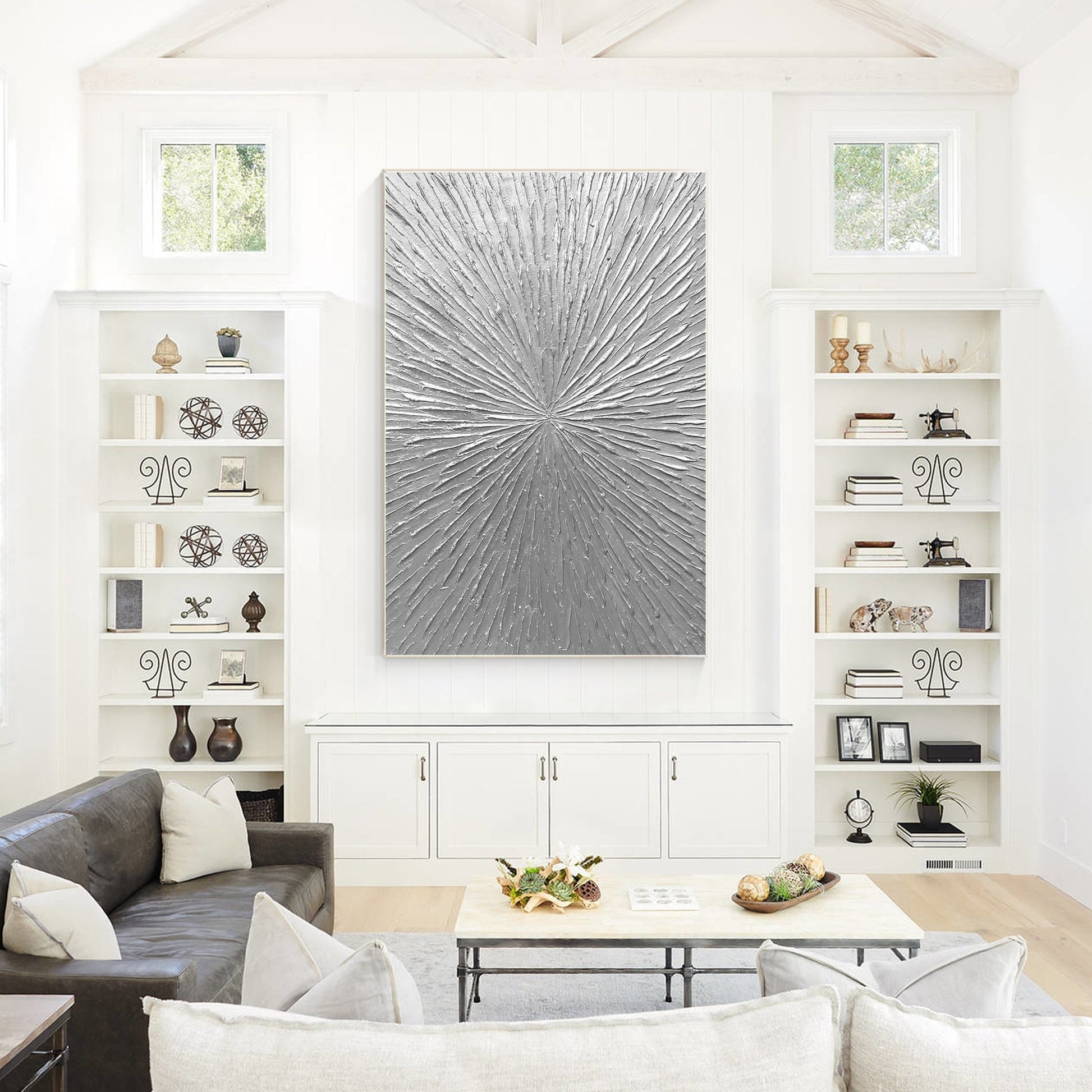 Silver Rays Abstract Textured Painting: Minimalist Wall Art Decor #1