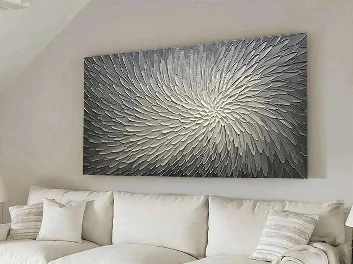 SILVER SWIRL: Textured Abstract Painting in Grey and White | gold frame stretched on neutral wall