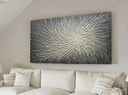 SILVER SWIRL: Textured Abstract Painting in Grey and White | gold frame stretched on neutral wall