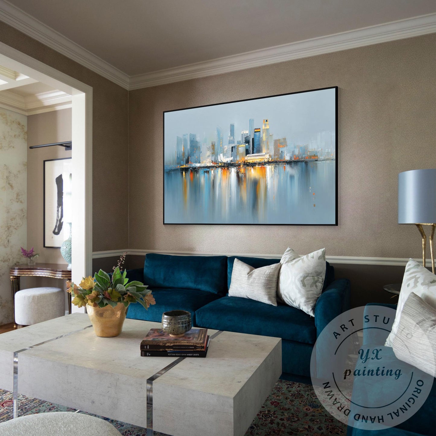 Singapore City Abstract Skyline, Extra Large Horizontal Oil Painting, Modern Urb #3