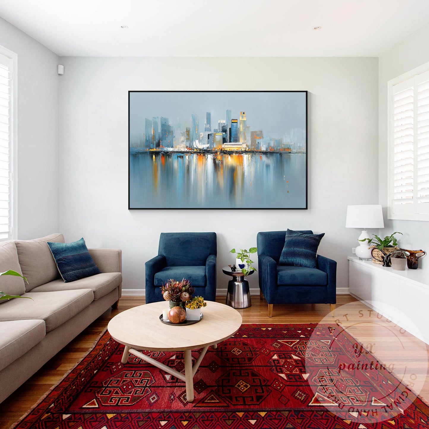 Singapore City Abstract Skyline, Extra Large Horizontal Oil Painting, Modern Urb #4