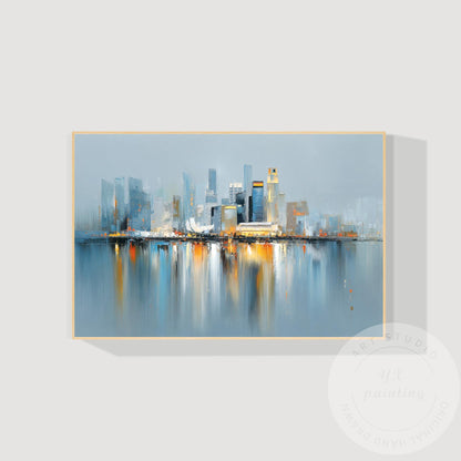Singapore City Abstract Skyline, Extra Large Horizontal Oil Painting, Modern Urb #7