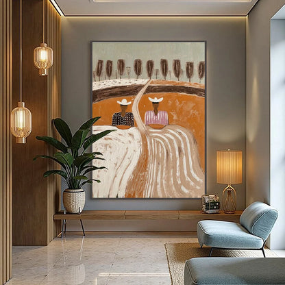 SISTERS OF THE SOIL: Textured Boho Folk Art Painting with Earthy Tones | gold frame stretched on neutral wall