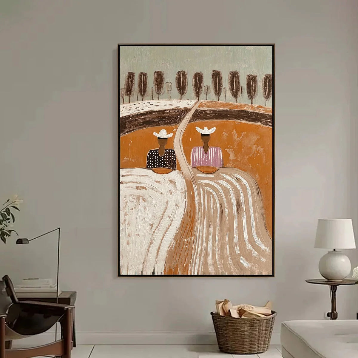 SISTERS OF THE SOIL: Textured Boho Folk Art Painting with Earthy Tones | black frame version on white wall