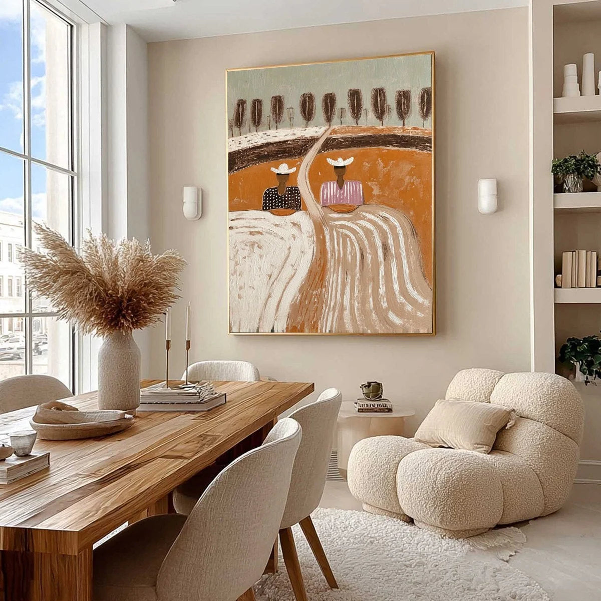 SISTERS OF THE SOIL: Textured Boho Folk Art Painting with Earthy Tones | Figurative mood, soft natural light studio shot