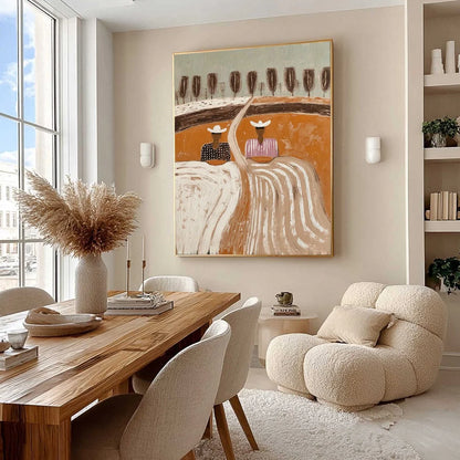 SISTERS OF THE SOIL: Textured Boho Folk Art Painting with Earthy Tones | Figurative mood, soft natural light studio shot