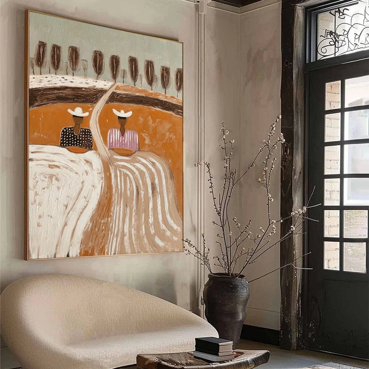 SISTERS OF THE SOIL: Textured Boho Folk Art Painting with Earthy Tones | multi-color palette, original oil on stretched canvas art