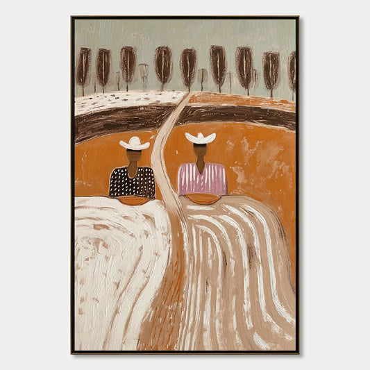 SISTERS OF THE SOIL: Textured Boho Folk Art Painting with Earthy Tones | hanging in living room, Figurative wall art