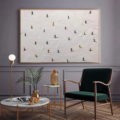 SKI SLOPES: Minimalist Painting of Skiers on a Snowy Slope | Minimalist closeup, raised brushwork detail