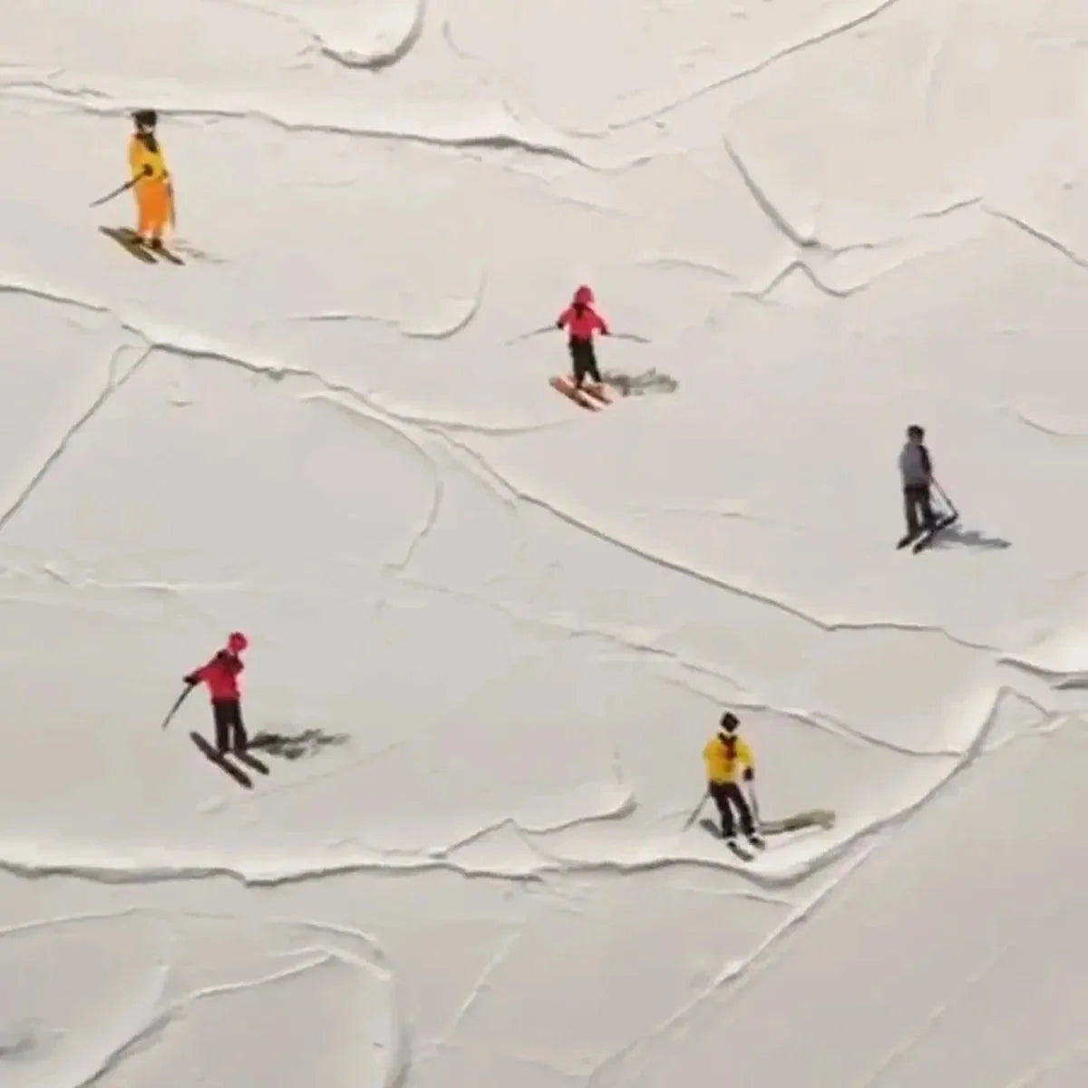 SKI SLOPES: Minimalist Painting of Skiers on a Snowy Slope | rectangular format, hand-painted canvas edge