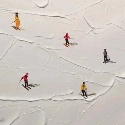 SKI SLOPES: Minimalist Painting of Skiers on a Snowy Slope | rectangular format, hand-painted canvas edge