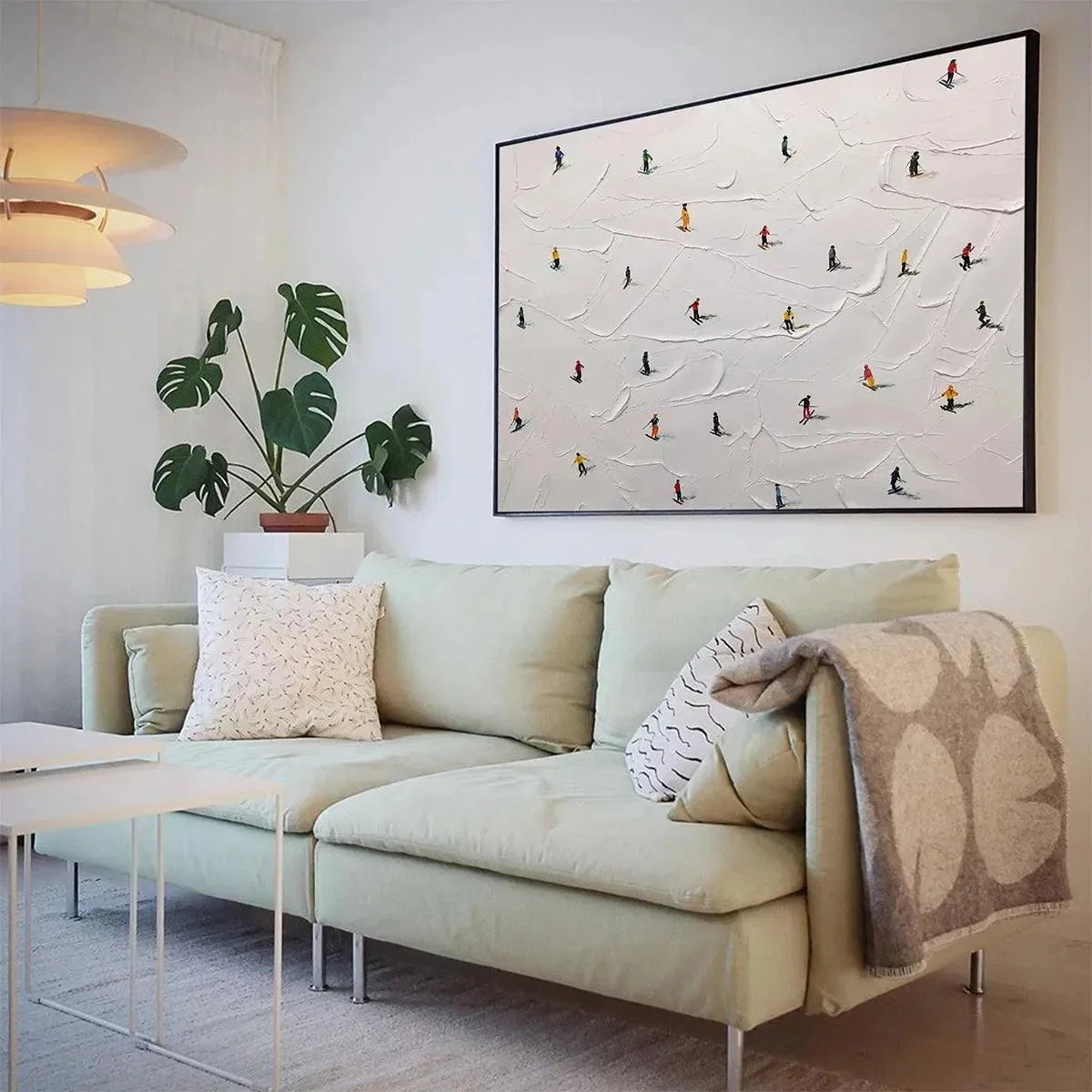 SKI SLOPES: Minimalist Painting of Skiers on a Snowy Slope | gold frame stretched on neutral wall