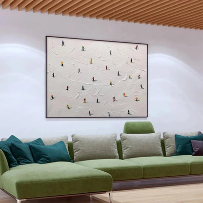 SKI SLOPES: Minimalist Painting of Skiers on a Snowy Slope | black frame version on white wall
