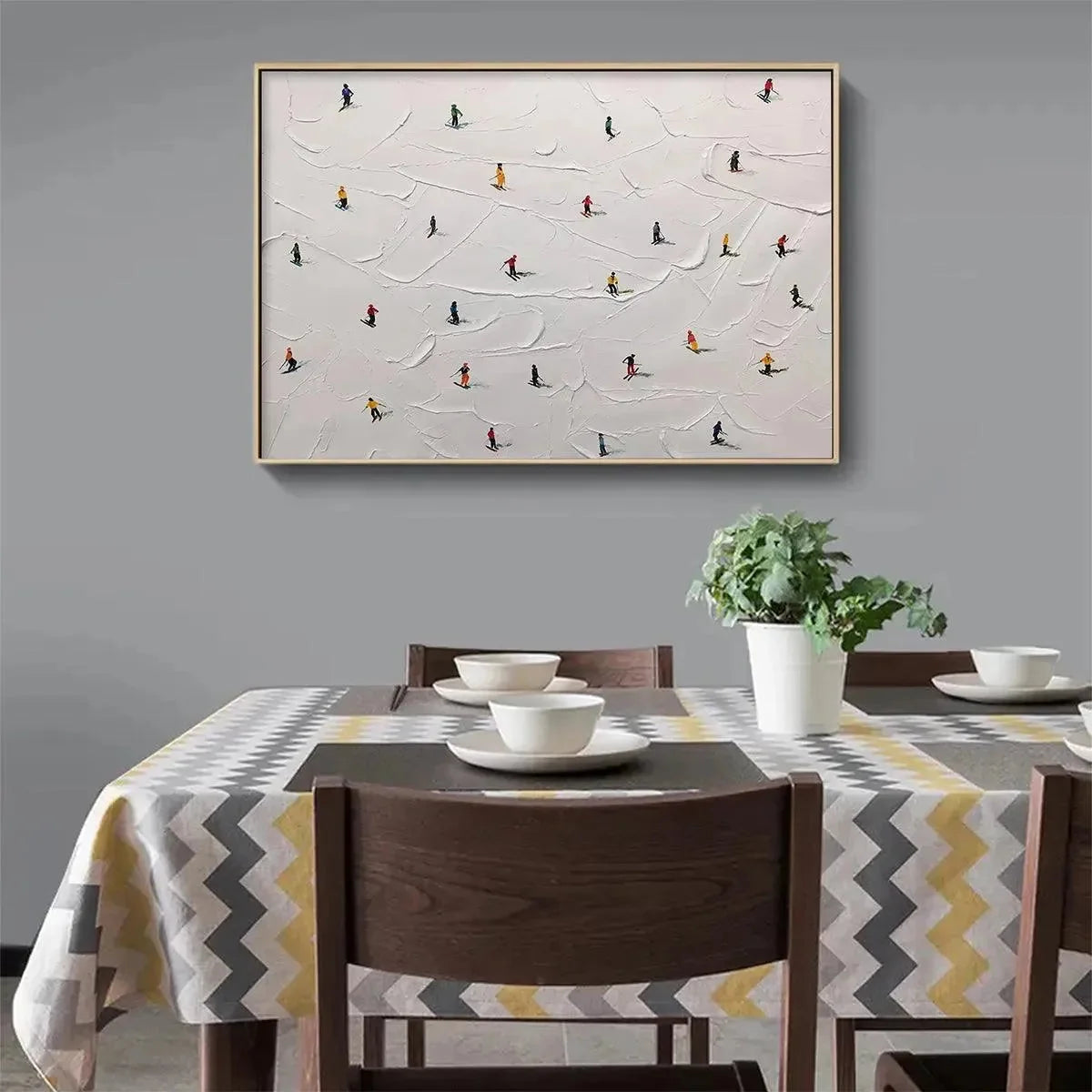 SKI SLOPES: Minimalist Painting of Skiers on a Snowy Slope | Minimalist mood, soft natural light studio shot