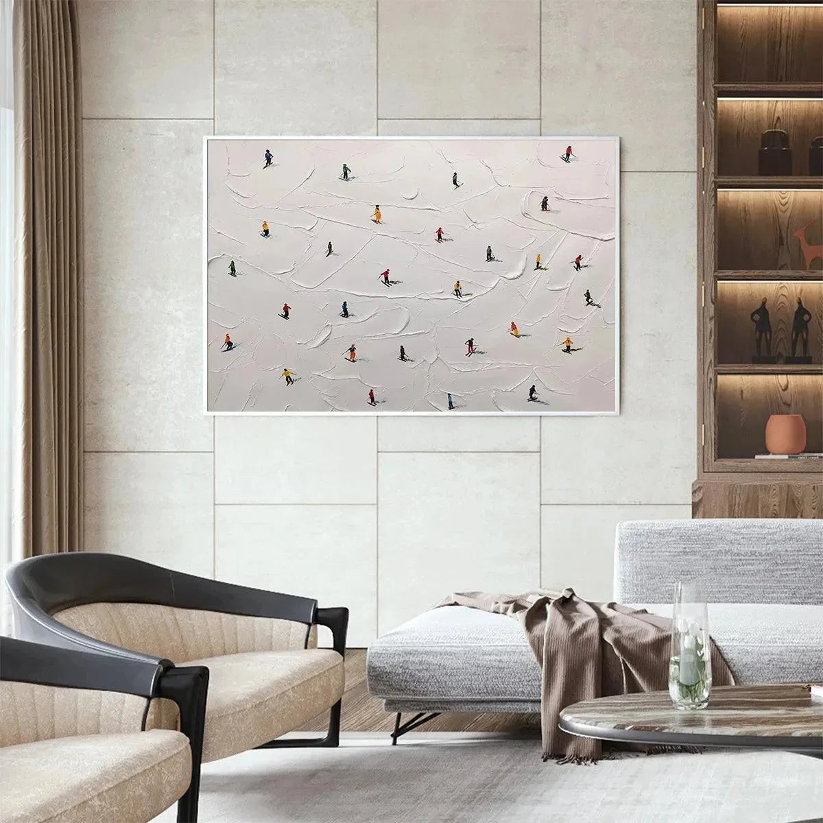SKI SLOPES: Minimalist Painting of Skiers on a Snowy Slope | multi-color palette, original oil on stretched canvas art